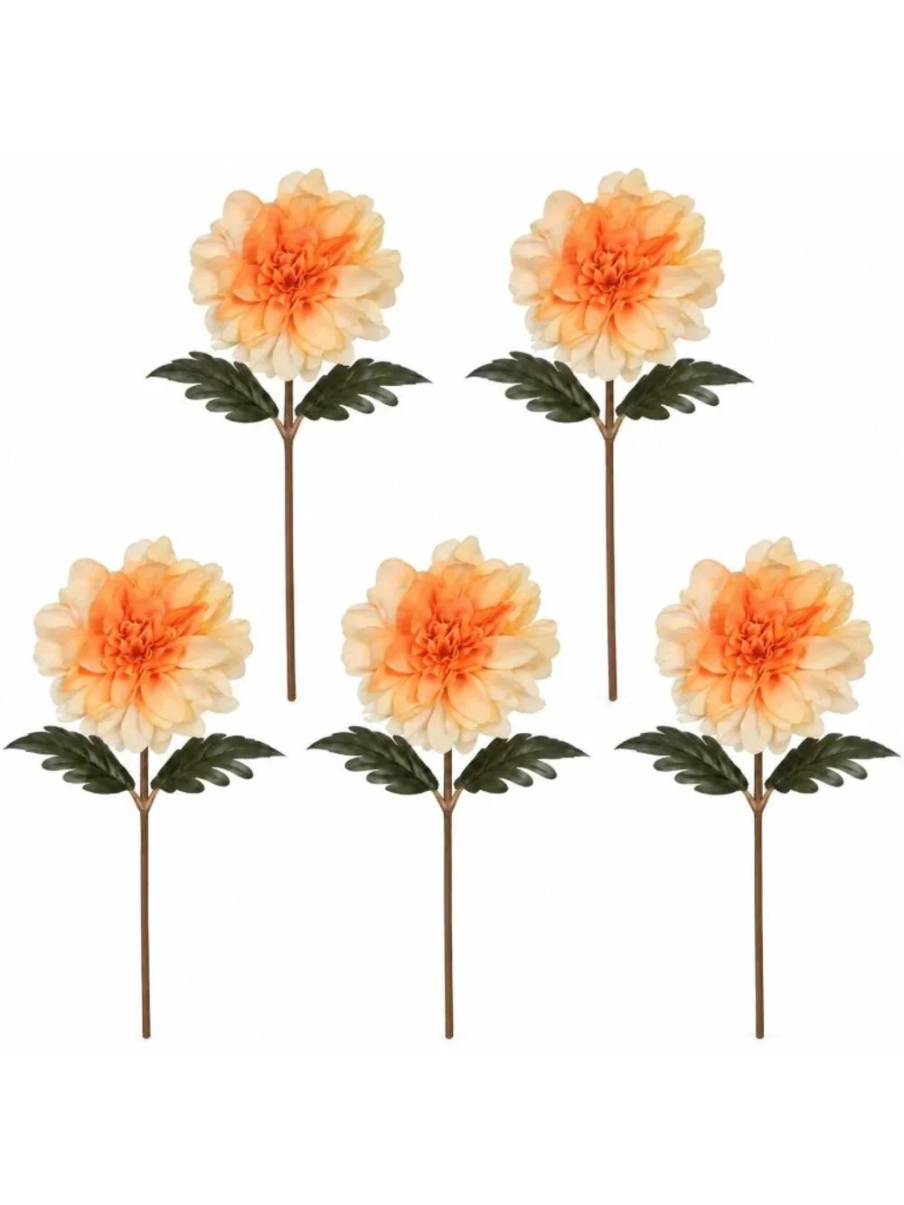Orange Peach Cream Artificial Dahlia Mums Set of 5 Faux Silk Flower Stems 15 Inc